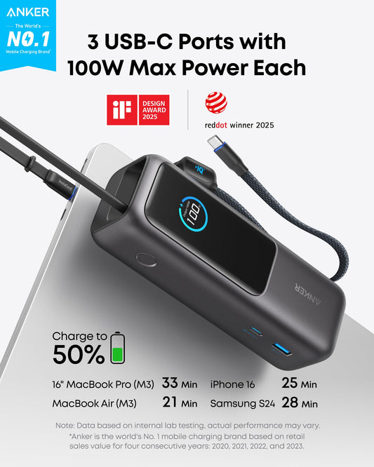 Anker Laptop Power Bank 25K, 165W with Built-In Cables | Laptops & Ride-Day Electronics