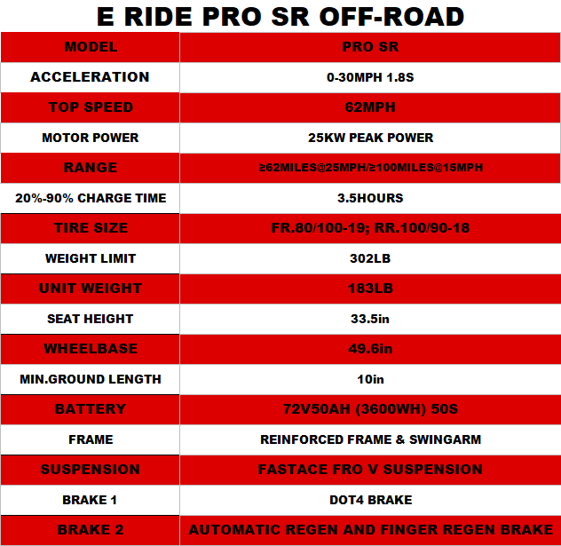 E Ride Pro SR | 72V 25KW 50AH | Long Range Electric Dirt Bike