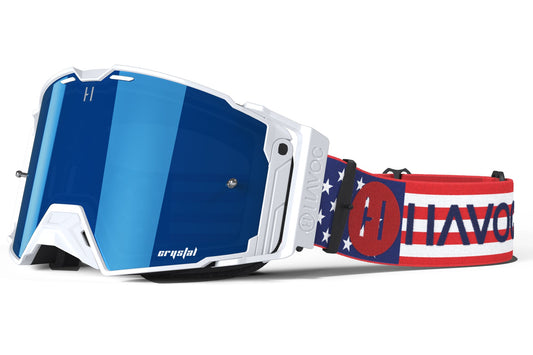 Patriot Helios Goggles | Havoc USA, White and Blue Crystal HD | Off-Road and Motocross Riders