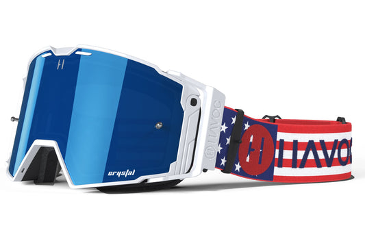 Patriot Helios Goggles | Havoc USA, White and Blue Crystal HD | Off-Road and Motocross Riders
