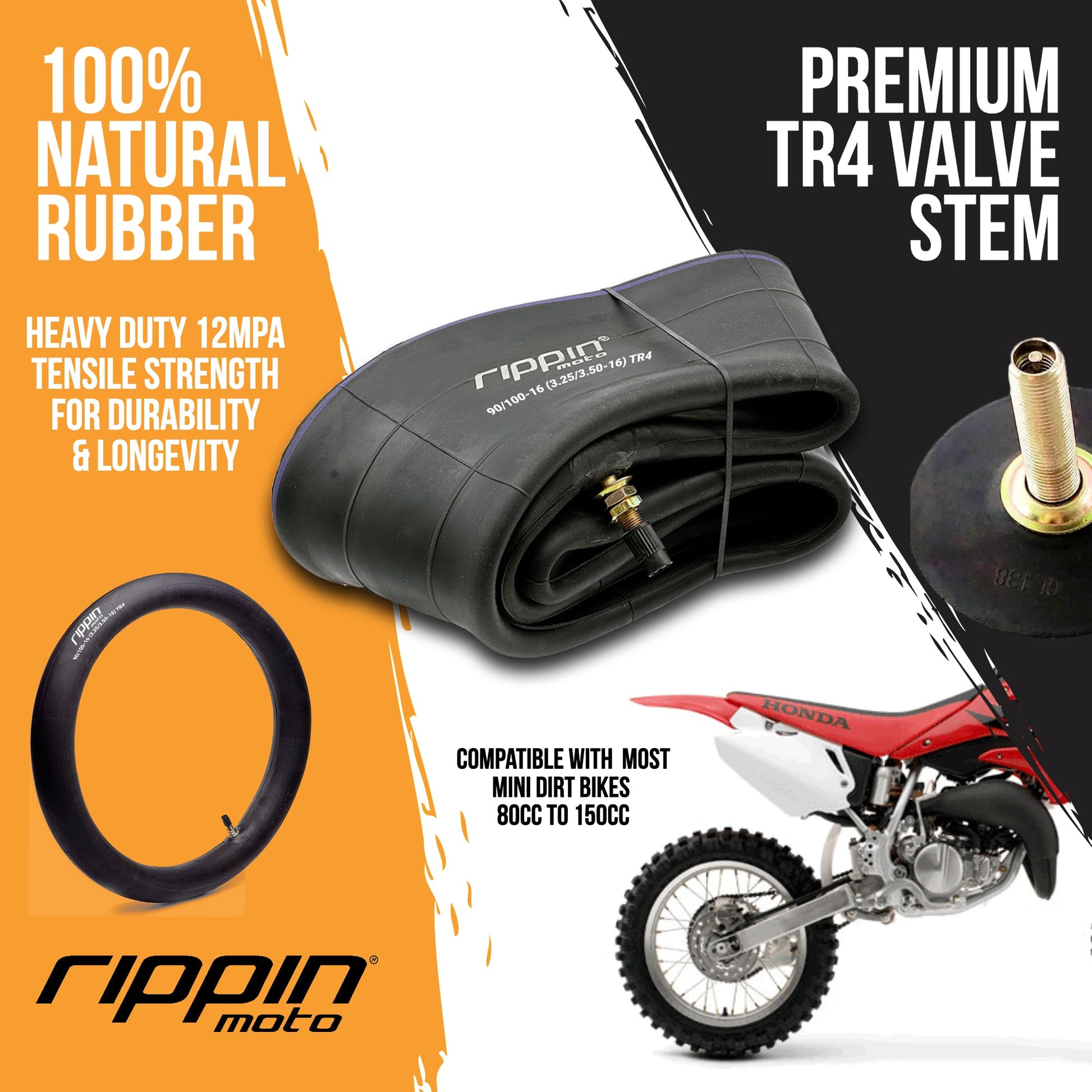 Rippin Moto 90/100-16 (3.25/3.50-16) Heavy Duty Motorcycle Inner Tube - 3mm Thick - REVRides