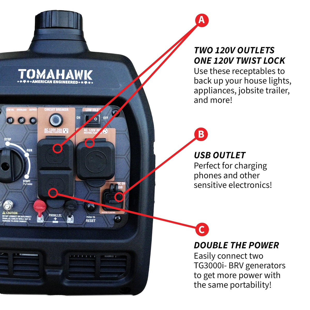 Tomahawk TG3000i-BRV 3000W Camo Inverter Generator | E-Moto Charging & Backup Power