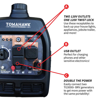 Tomahawk TG3000i-BRV 3000W Camo Inverter Generator | E-Moto Charging & Backup Power