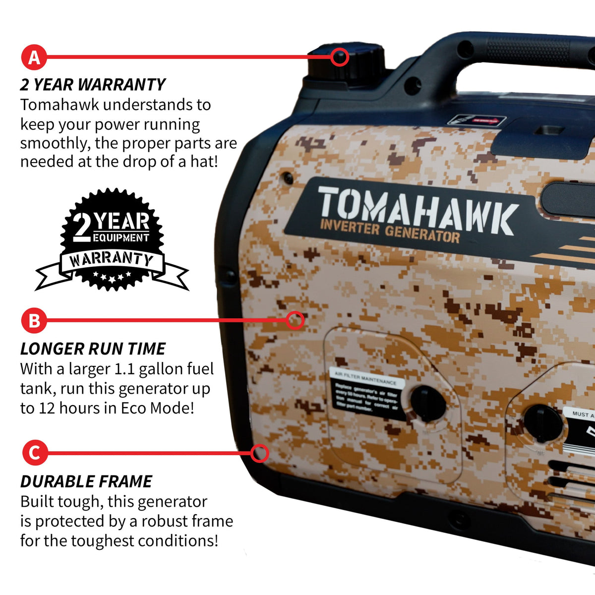 Tomahawk TG3000i-BRV 3000W Camo Inverter Generator | E-Moto Charging & Backup Power