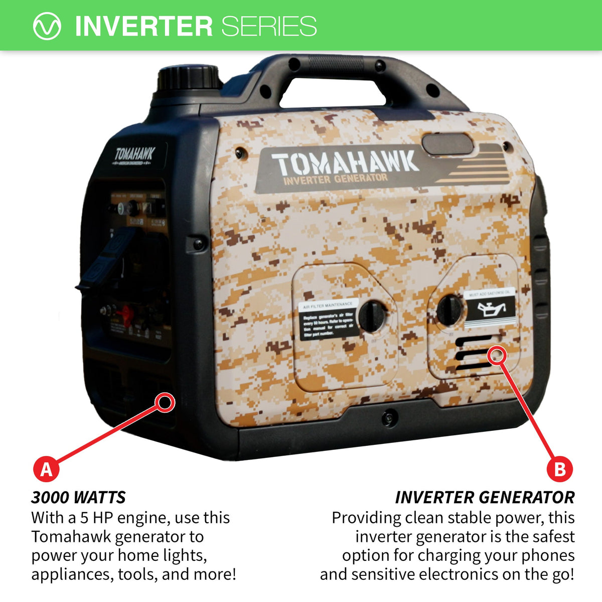 Tomahawk TG3000i-BRV 3000W Camo Inverter Generator | E-Moto Charging & Backup Power