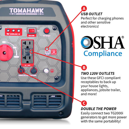 Tomahawk TG2000i 2100W Inverter Generator | Super quiet E-Moto Charging, Camping & Backup Power