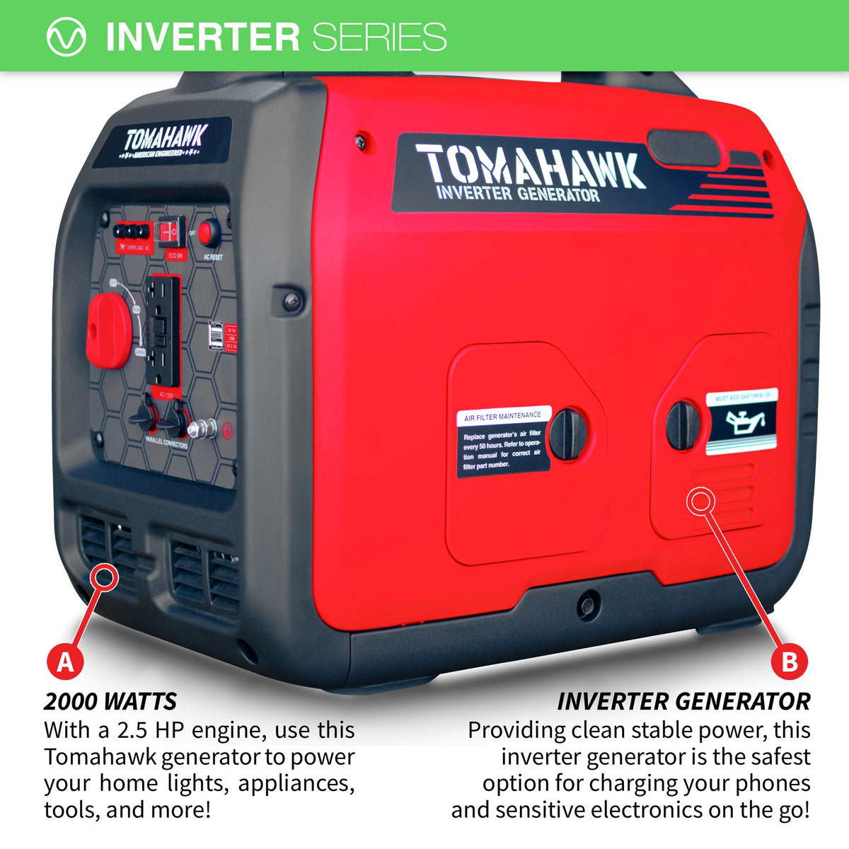 Tomahawk TG2000i 2100W Inverter Generator | Super quiet E-Moto Charging, Camping & Backup Power