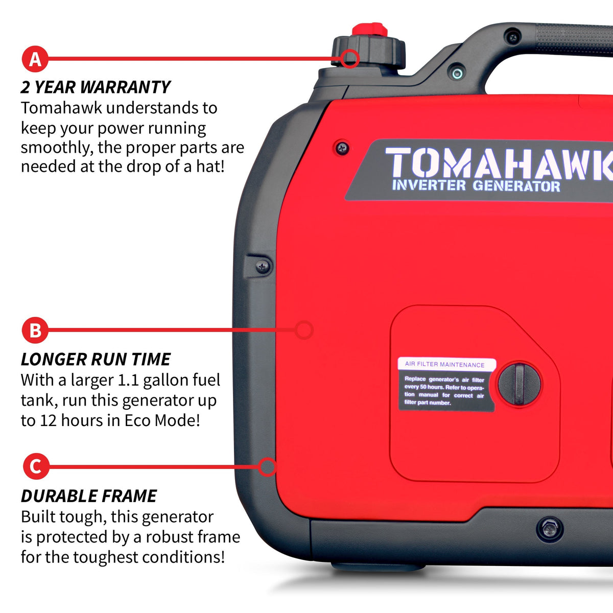 Tomahawk TG2000i 2100W Inverter Generator | Super quiet E-Moto Charging, Camping & Backup Power