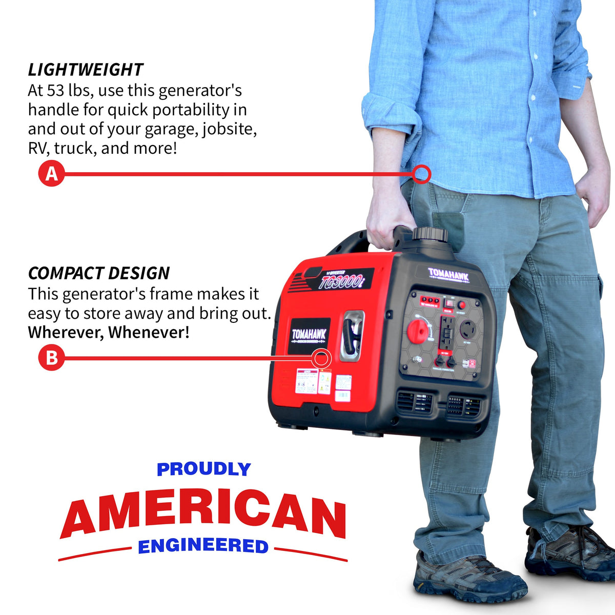 Tomahawk TG3000i 3000W Inverter Generator | Super Quiet E-Moto Charging, & Backup Power