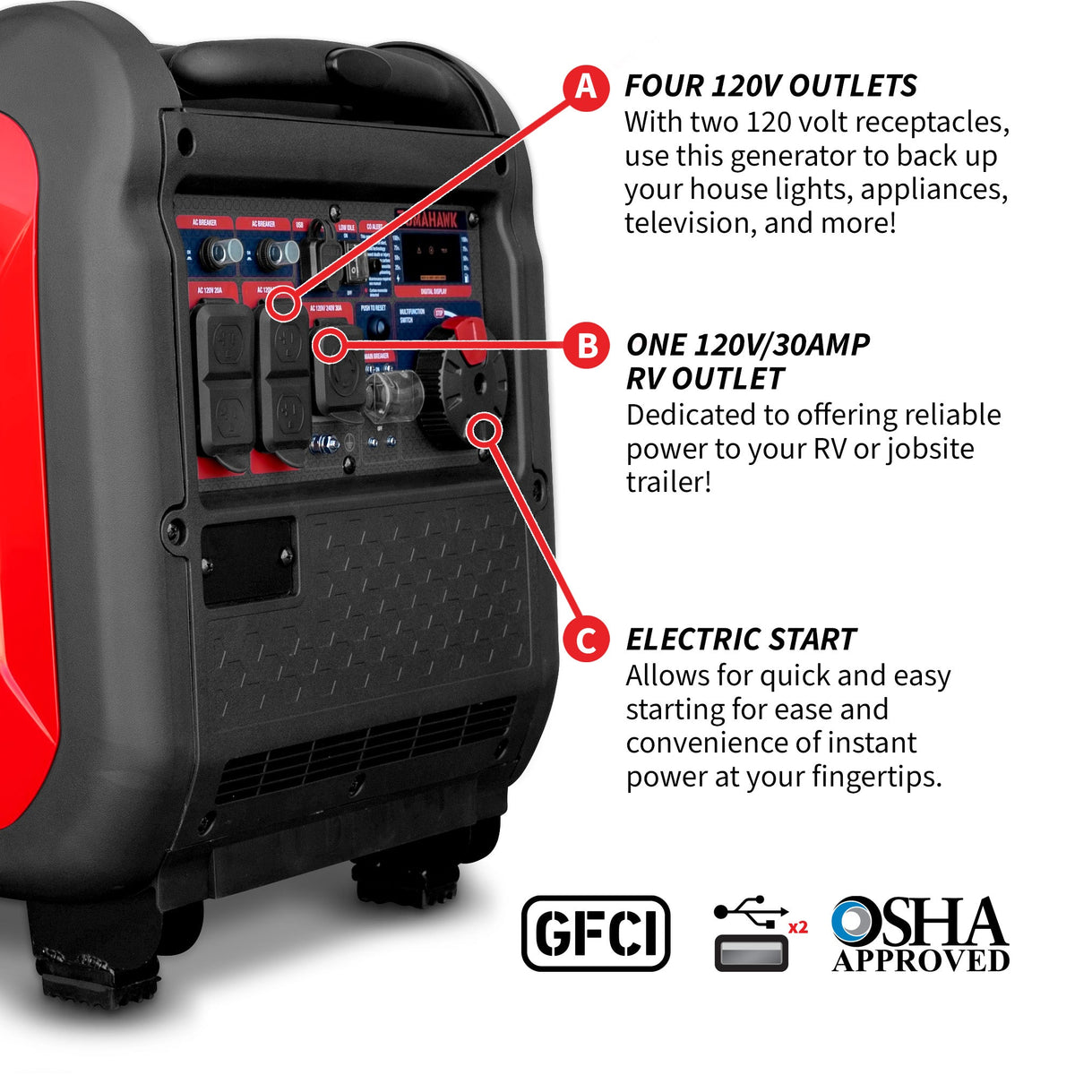 Tomahawk TG5500i 5500W Inverter Generator | E-Moto Charging, 120V/240V & Backup Power