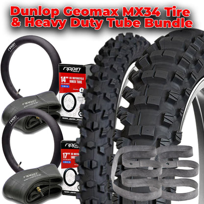 Dunlop Geomax MX34 Tire & Heavy Duty Tube Bundle | Strike Shadow, Altis Delta, RTR XL, Arctic Leopard XF