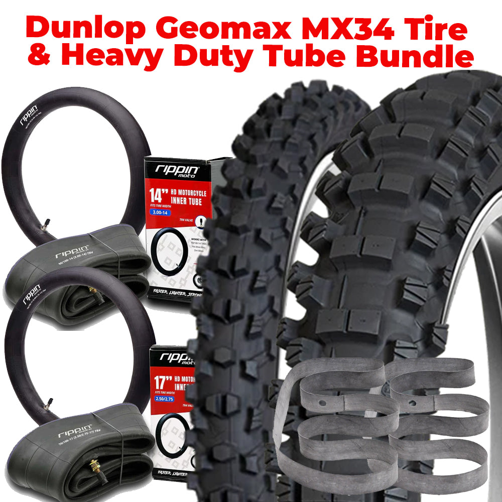 Dunlop Geomax MX34 Tire & Heavy Duty Tube Bundle | Strike Shadow, Altis Delta, RTR XL, Arctic Leopard XF