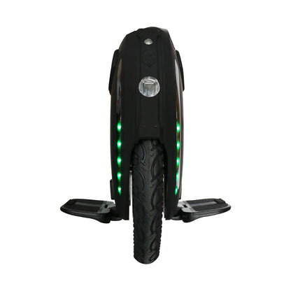 King Song KingSong EUC 18XL Adult Electric Unicycle Front View Black Pedals Up LED Lights On